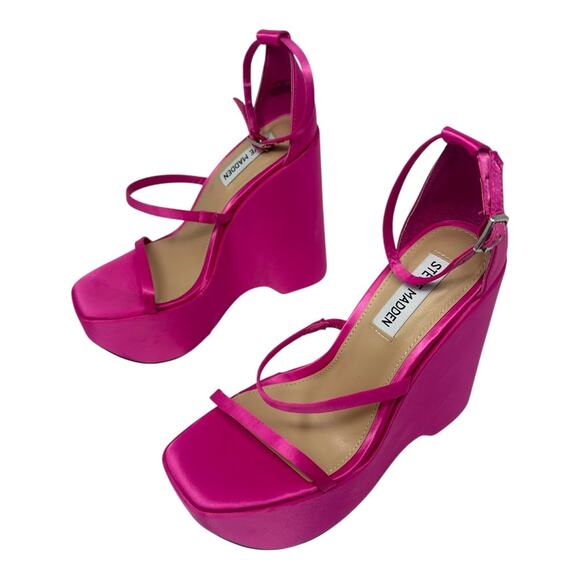 Steve Madden Pink Satin Strappy Platform Wedge Sandals Size 7 - Picture 1 of 9